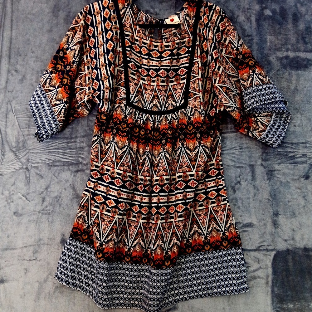 One Clothing Dress Womens Medium‎ Multicolor Boho Ethnic Ikat Festival Tunic Top